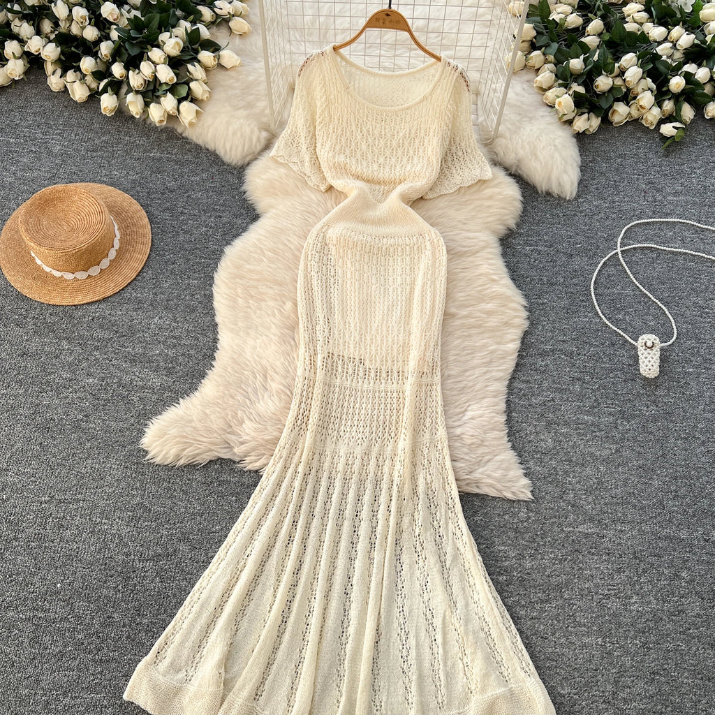 Women Hollow Knitted Dress Summer Flower Short Sleeved Fishtail Bodycon Dress with Camisole Dresses Vintage Party Long Robe