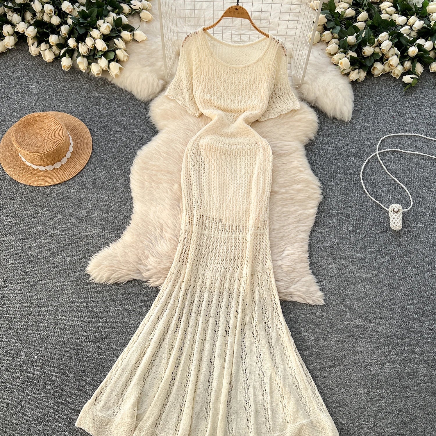 Women Hollow Knitted Dress Summer Flower Short Sleeved Fishtail Bodycon Dress with Camisole Dresses Vintage Party Long Robe