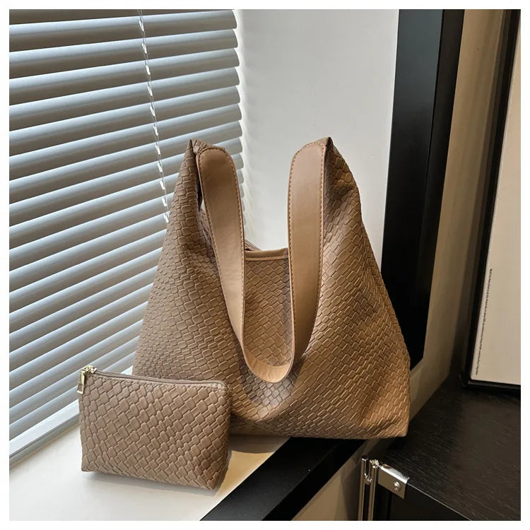 Women's Retro Artificial Leather Woven Pattern Shoulder Bag,Large Capacity Tote Bag,Casual Armpit Bag, Large Tote Bag,Daily Work