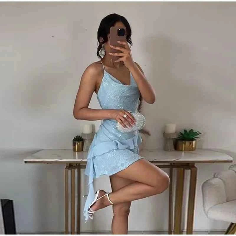 Glitter Flounce Mini Dress Woman Cinched Waist Sleeveless A-Line Halter Dresses Sexy Chic Women's Fashion Summer Short Dresses
