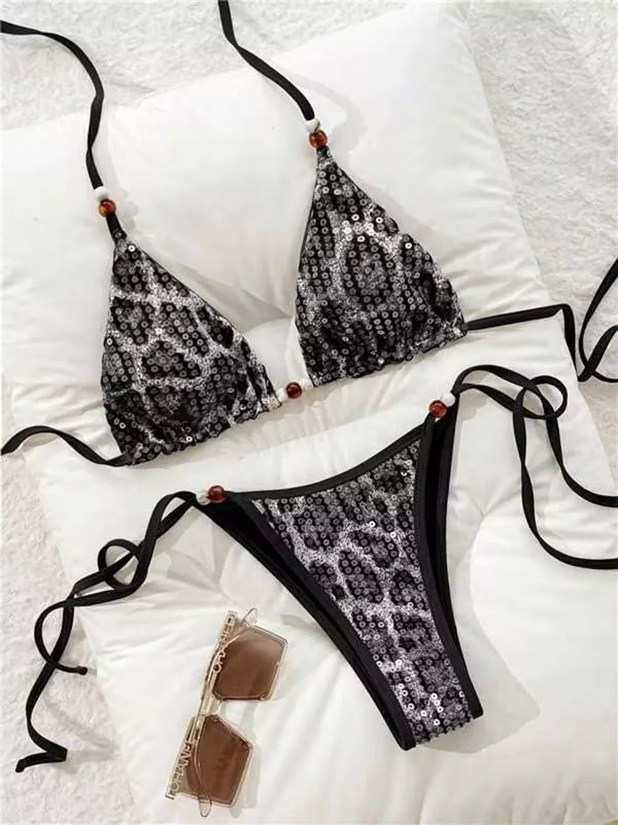 2026 Leopard Sequins Halter Strappy Bikini Women Swimwear Female Swimsuit Two-pieces Bikini Set Bather Bathing Suit Swim Lady