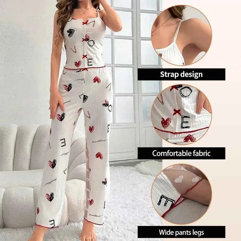 Women's Sexy Two-Piece Pajama Set Printed Lace Patchwork V-Neck Strap Top with Back Lace Detail Comfortable Sleepwear
