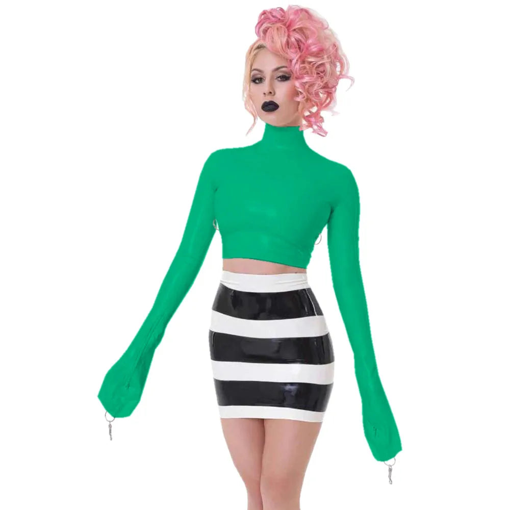 Sexy Crop Tops with Finger High Neck, Slim Skinny Leather, PVC Short Shirts, Vinyl Sexy Top with Lock Key, Club Night