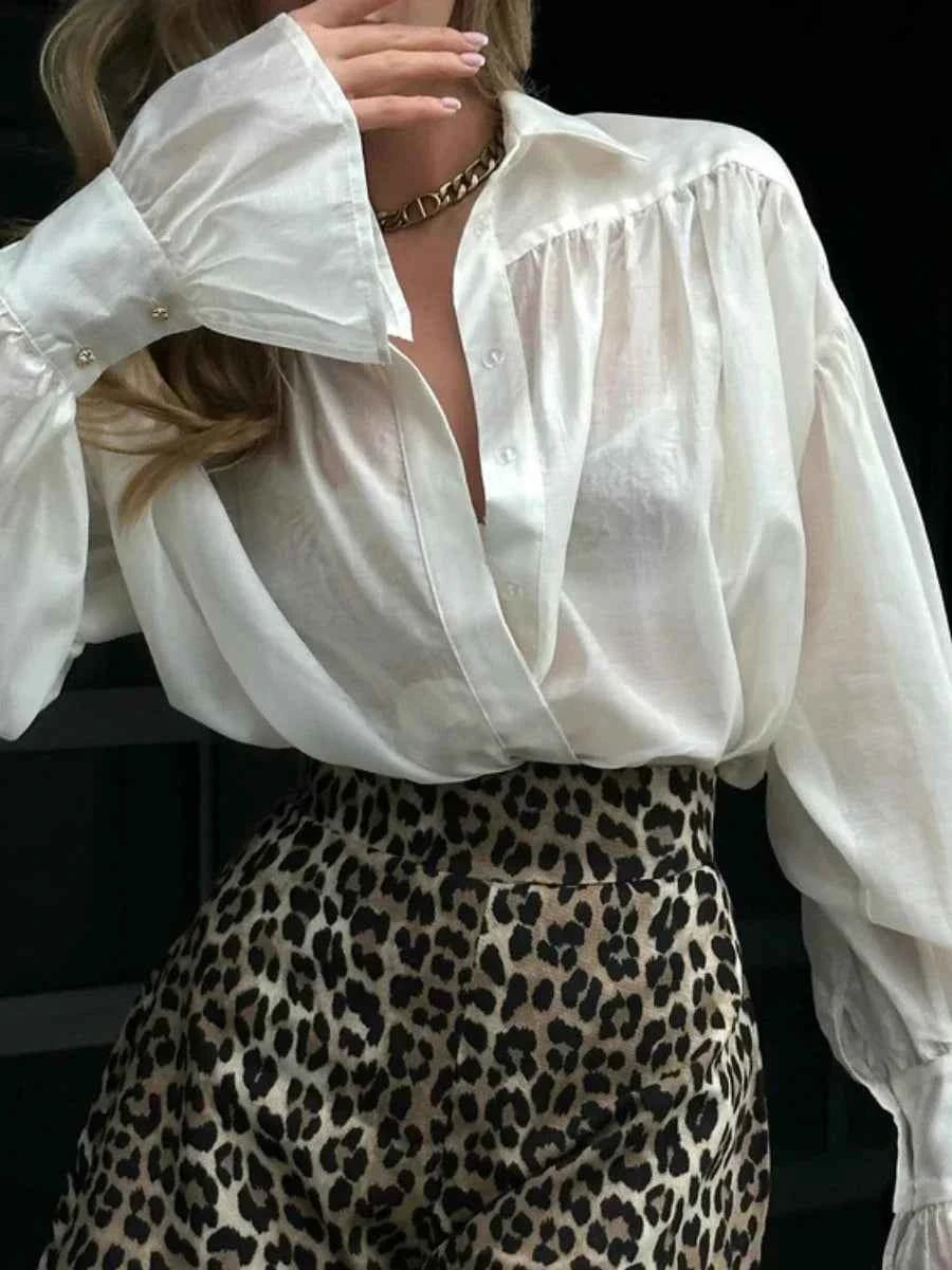 Bornladies Autumn Women's Fashionable Loose Collared Shirt Office Lady Solid Color Versatile Flare sleeve Top Long Sleeved Shirt