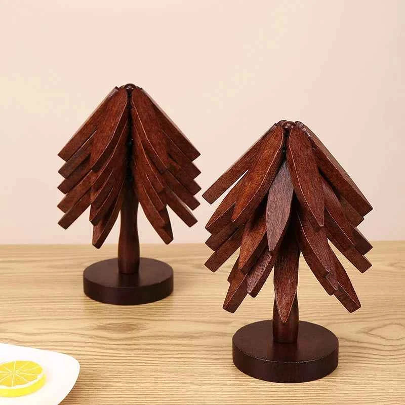 Tree Shape Wooden Trivet Set 4 Trivets + 1 Stand for Hot Dishes Natural Foldable Kitchen Trivet for Pot Bowl Teapot Hot Pot Hold