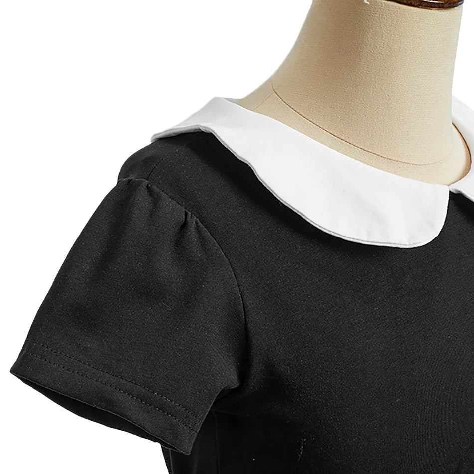 Children Casual Clothes Summer Short Sleeve Dots Girls Dress Kids Peter Pan Collar Cute Birthday Costume with Mouse Ear Headband