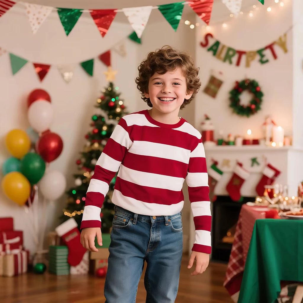 Kids Red and White Striped Shirts Boys Girls  Long Sleeve Casual Cotton T Shirts child Adult children long sleeved Tshirt