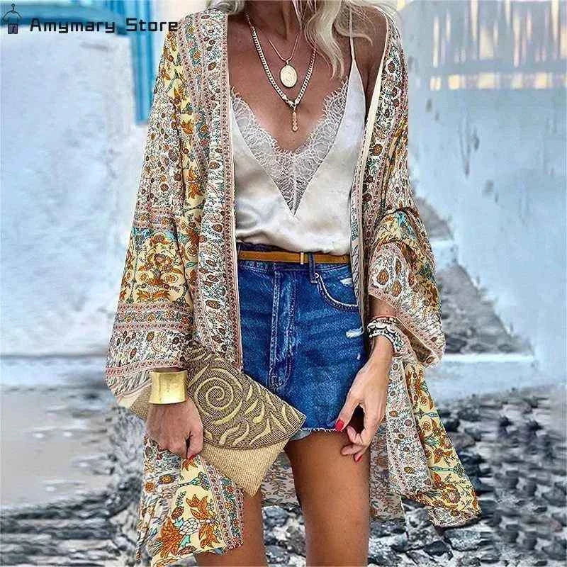 New Summer Bohemian Beach Printed Cardigan Jacket Long Sleeve Leisure Holiday Beach Swimsuit Blouse Shawl Long Coat M-5XL