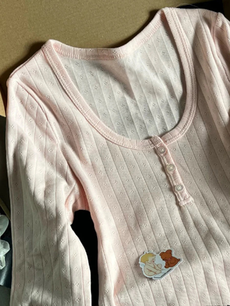 Hollow Out Pink Long Sleeve T-Shirt Summer Round Neck Buttons Cotton Slim Sexy Top for Woman Vintage Sweet Cute Y2K Tops Chic