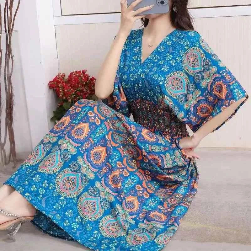 Colorful Flower V-neck Elastic Youthful Bohemian Sweet Midi Dress Woman Clothes Chic Fashion Summer Dresses 2025 Large Swing Ski