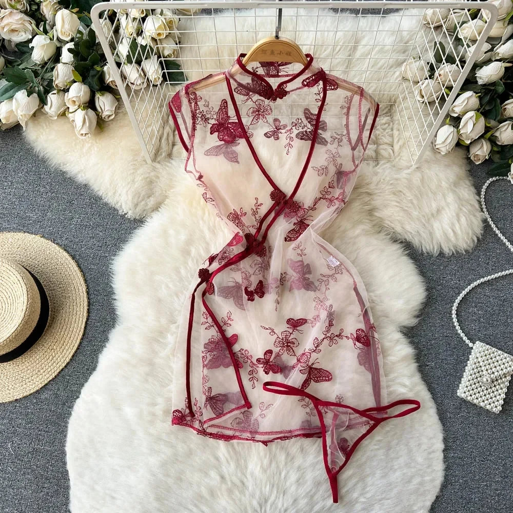 Summer Girls Sexy Hot Sweet Transparent Suspender Mini Dress Women Elastic Waist And Backless Strap Lolita Pajamas Bubble Skirt