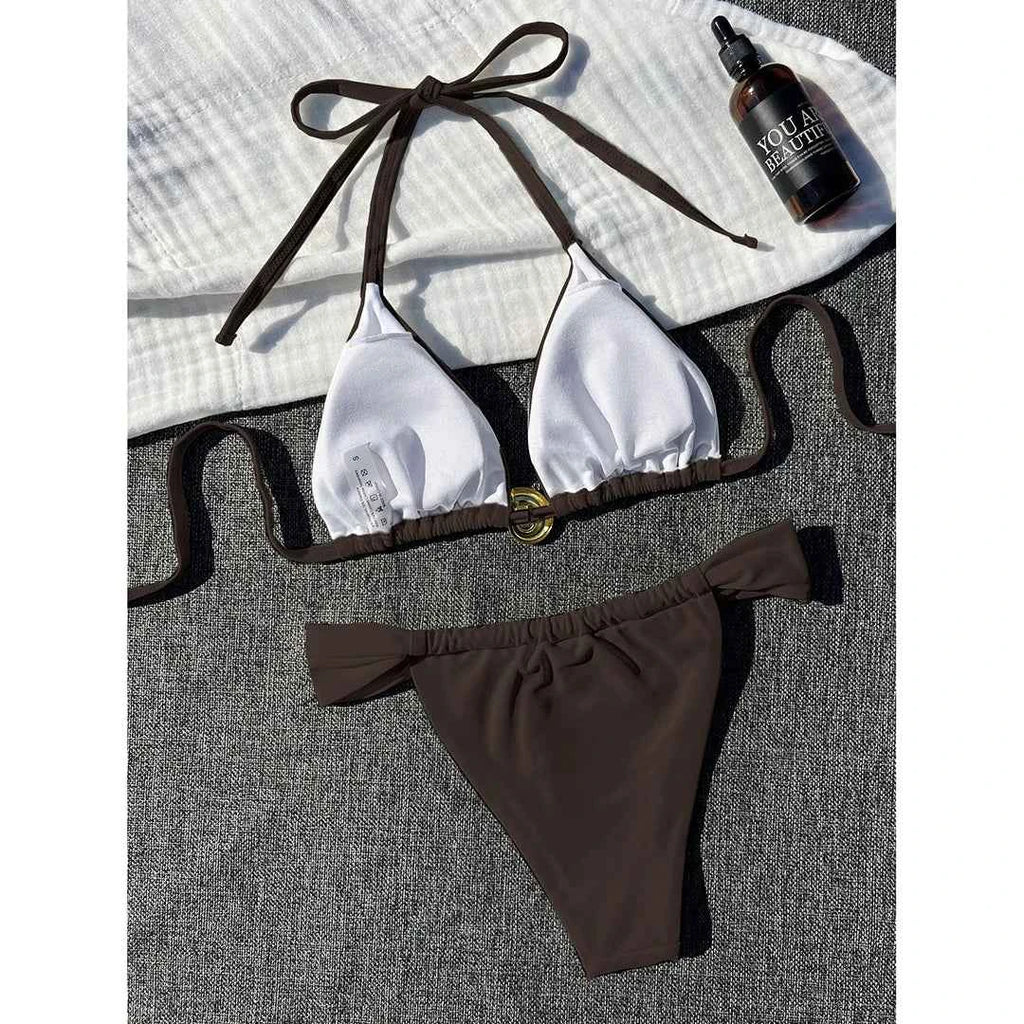 2025 Halter High Cut Leg White Bikini Women Swimwear Female Swimsuit Two-pieces Bikini set Padded Bather Bathing Suit Swim V6837