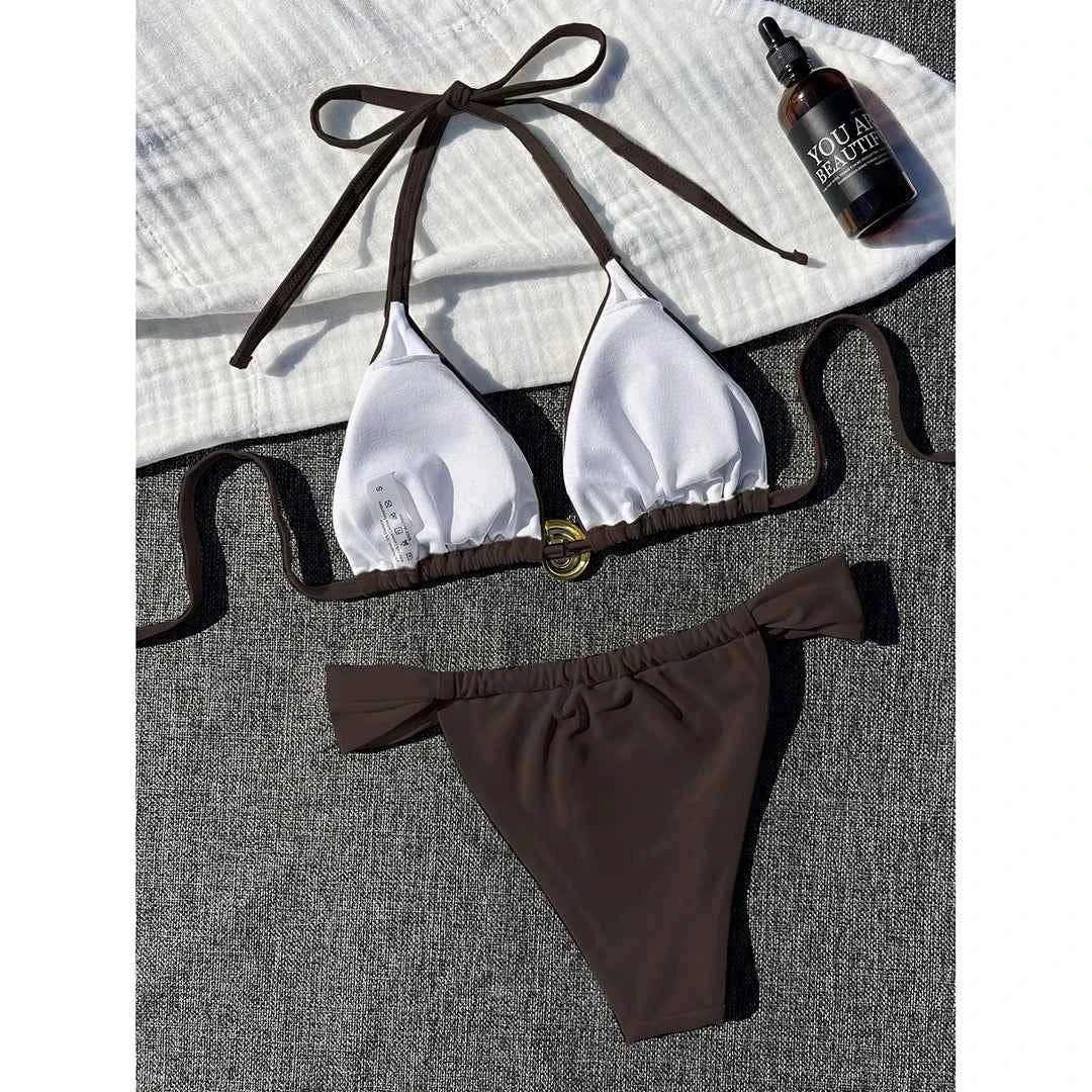 2025 Halter High Cut Leg White Bikini Women Swimwear Female Swimsuit Two-pieces Bikini set Padded Bather Bathing Suit Swim V6837