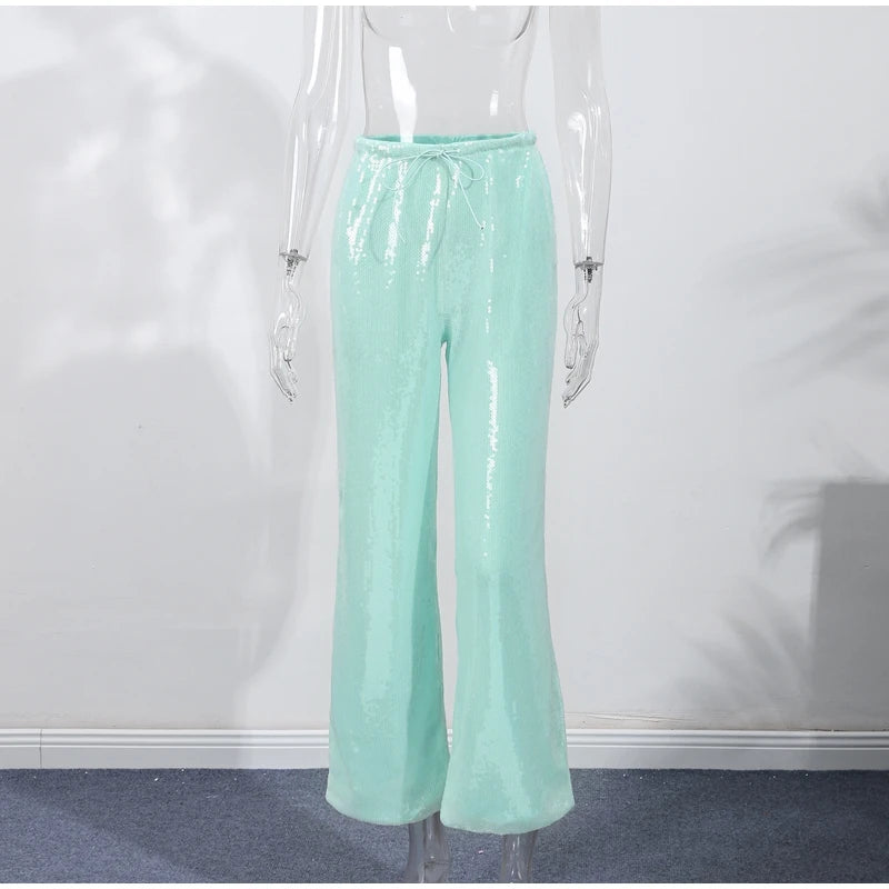 Loose Solid Color Sequin Pants Woman Cinched Waist Glitter Straight Baggy Long Pants Casual Street Chic Sparkle Women's Trousers