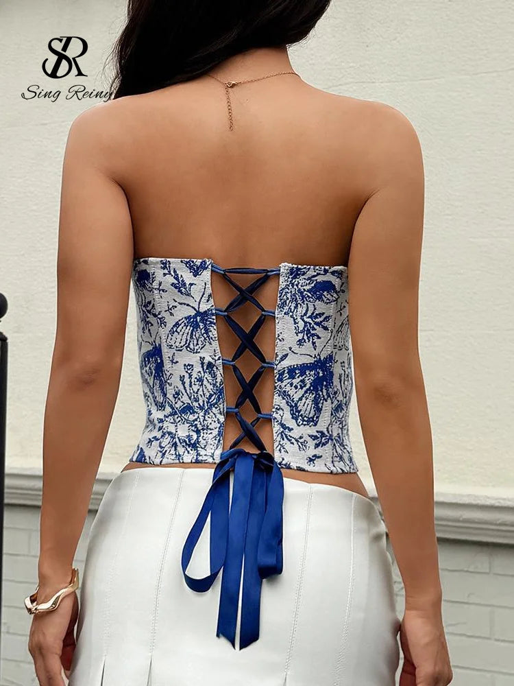 SINGREINY French Retro Lingerie Tops Women Strapless Print Corset Shapewear Lace Up Sexy Top 2025 Backless Sensual Slim Camisole