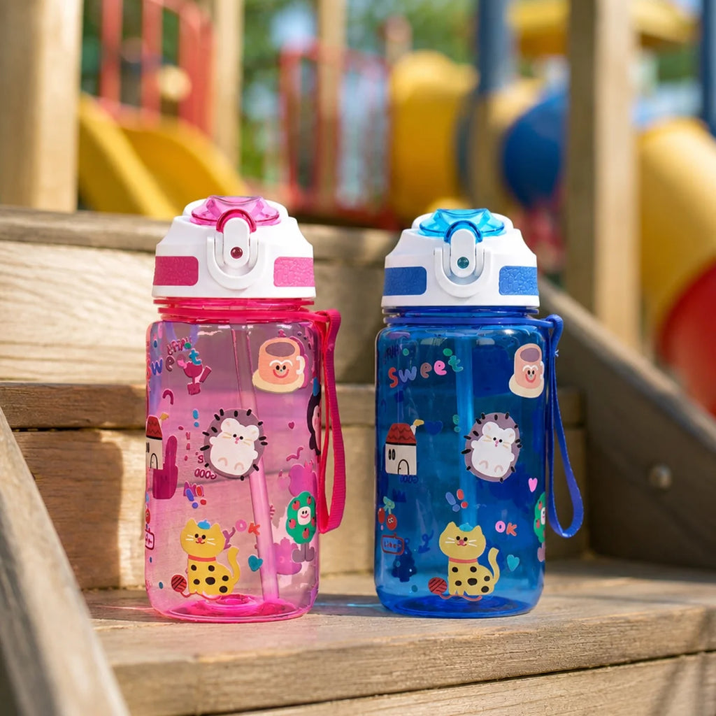 600ml Water Bottle With Straw Leakproof Flip Cap Cute Animal Print Portable Hanging Rope School Outdoor Sports Drinking Plastic