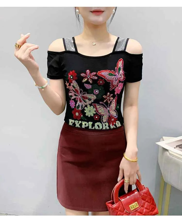 New Arrival Summer European Clothes Women's T-Shirts Chic Luxury Butterfly Hot Diamonds Tees Sexy Girl Slim Streetwear Tops