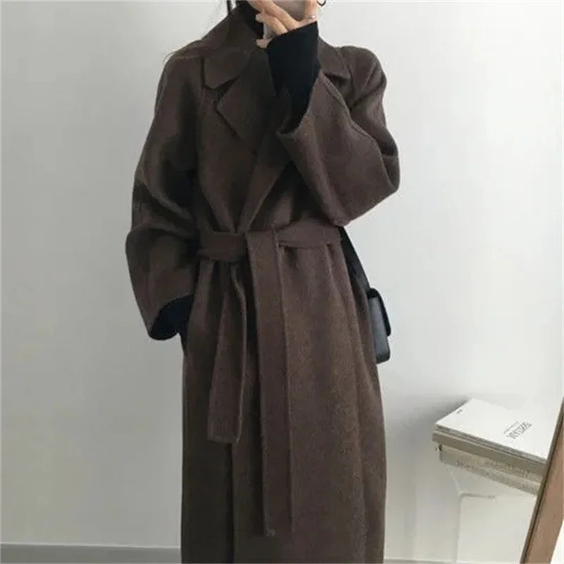 Chic Thick Warm Lapel Lace-up Pockets Loose Woolen Coat 2025 Autumn Winter New Korean Female Long Oversize Casual Women Clothes