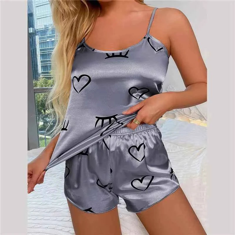 Women Ice Silk Pajamas Sleepwear Pajama Set Camisole Shorts L XL XXL Gray Pink Low Cut Comfortable Casual Summer