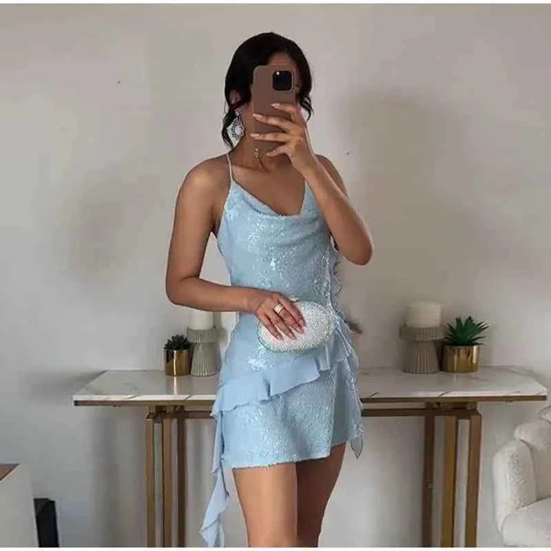 Glitter Flounce Mini Dress Woman Cinched Waist Sleeveless A-Line Halter Dresses Sexy Chic Women's Fashion Summer Short Dresses