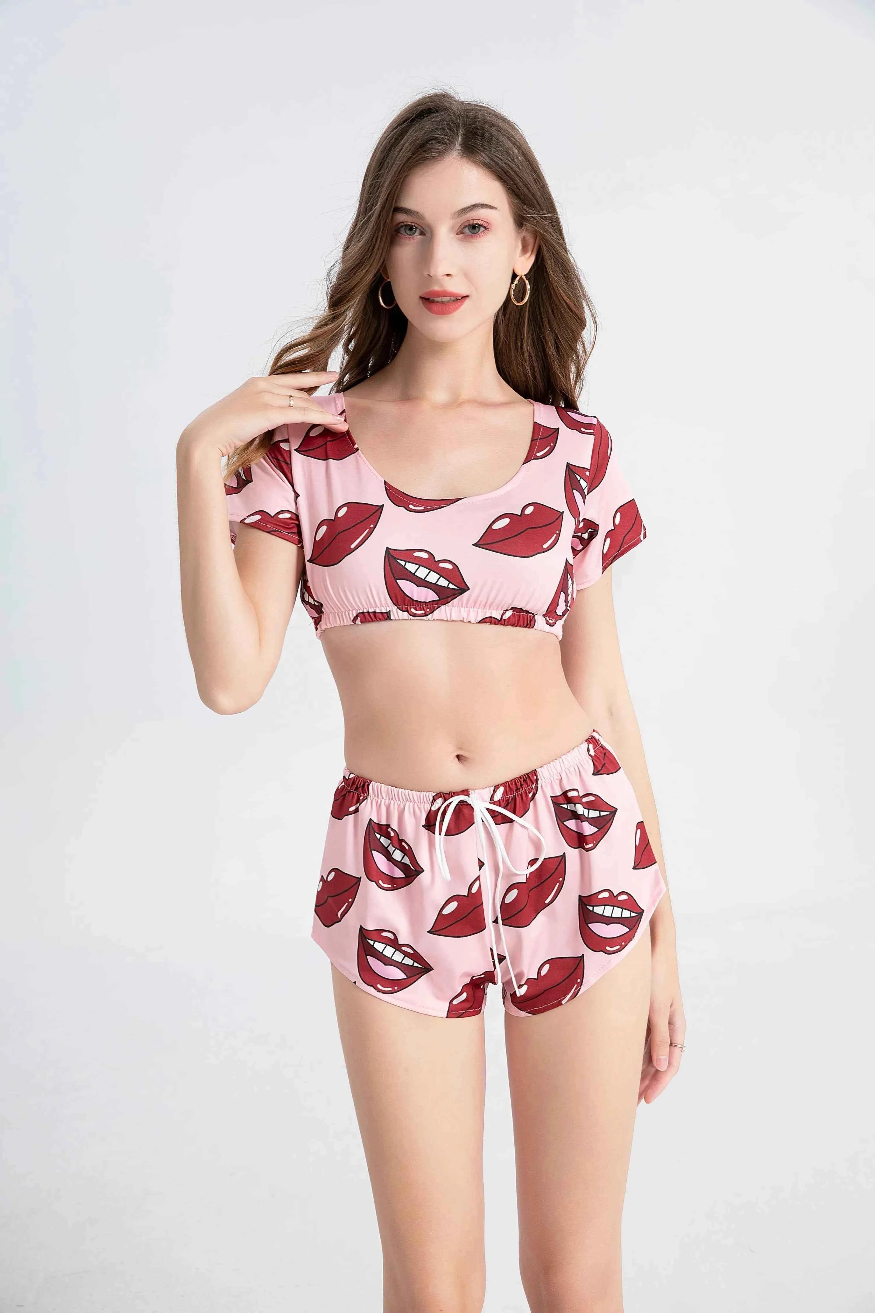 Summer Short Sexy Casual Lips Print Female Sleepwear Suit Pajamas 2pcs Top+Pants Skinng Women Homewear Underwear