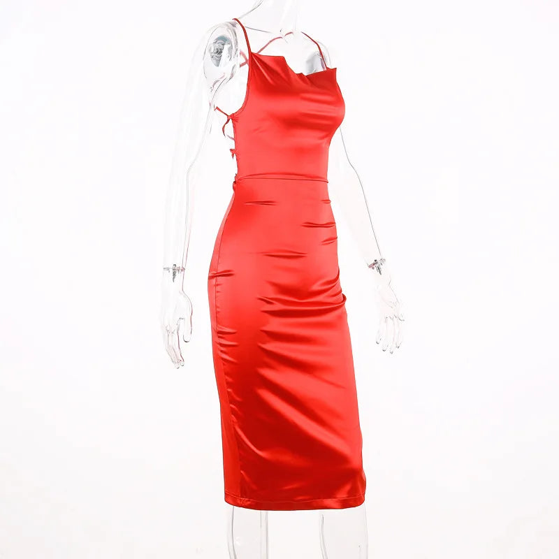 Sexy Slash Neck Back Cross Bandage Bodycon Dress Women Spaghetti Strap Solid Color Mid-calf Dress Elegant Club Party Vestidos