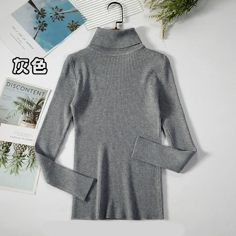 2026 Simple Women Turtleneck Sweater Winter Fashion Pullover Elastic Knit Ladies Jumper Casual Solid Black Female Basic Tops