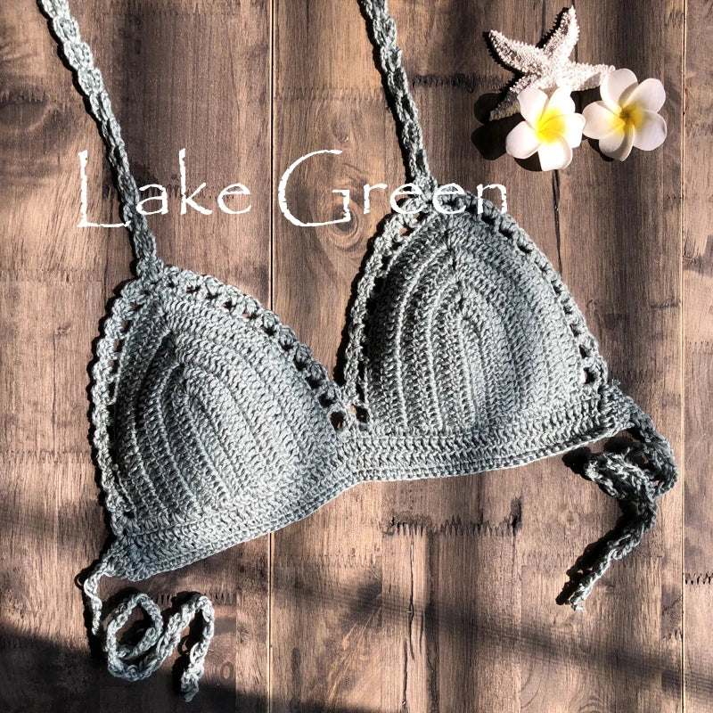CROCHET BIKINI 2023 Sexy Top Handmade Knit Crochet Crop Top Women Summer Swimwear Camisoles Push Up Beach Tanks Halter Yoga Bras