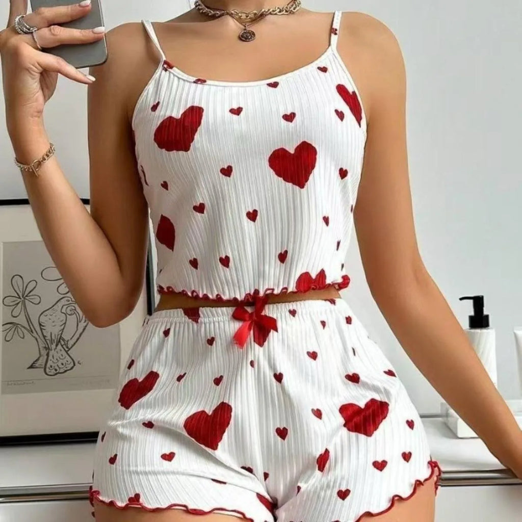 Heart Print 2PCS Home Suit Women's Suspender Shorts Casual Fashion Nightwear Female pajamas Lightweight Love Sleepwear