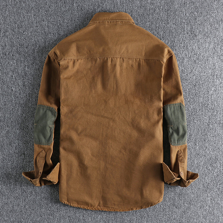 Sleeve patch washed grain woven cotton long sleeve shirt Men's daily tooling retro trend youth thin coat