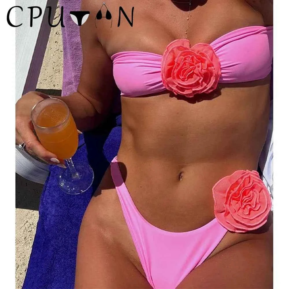 2026 New Sexy White 3D Flower Solid Two Piece Push Up Bikini Set Luxury Swimwear Women Swimsuit Beachwear Summer Bathing Suit