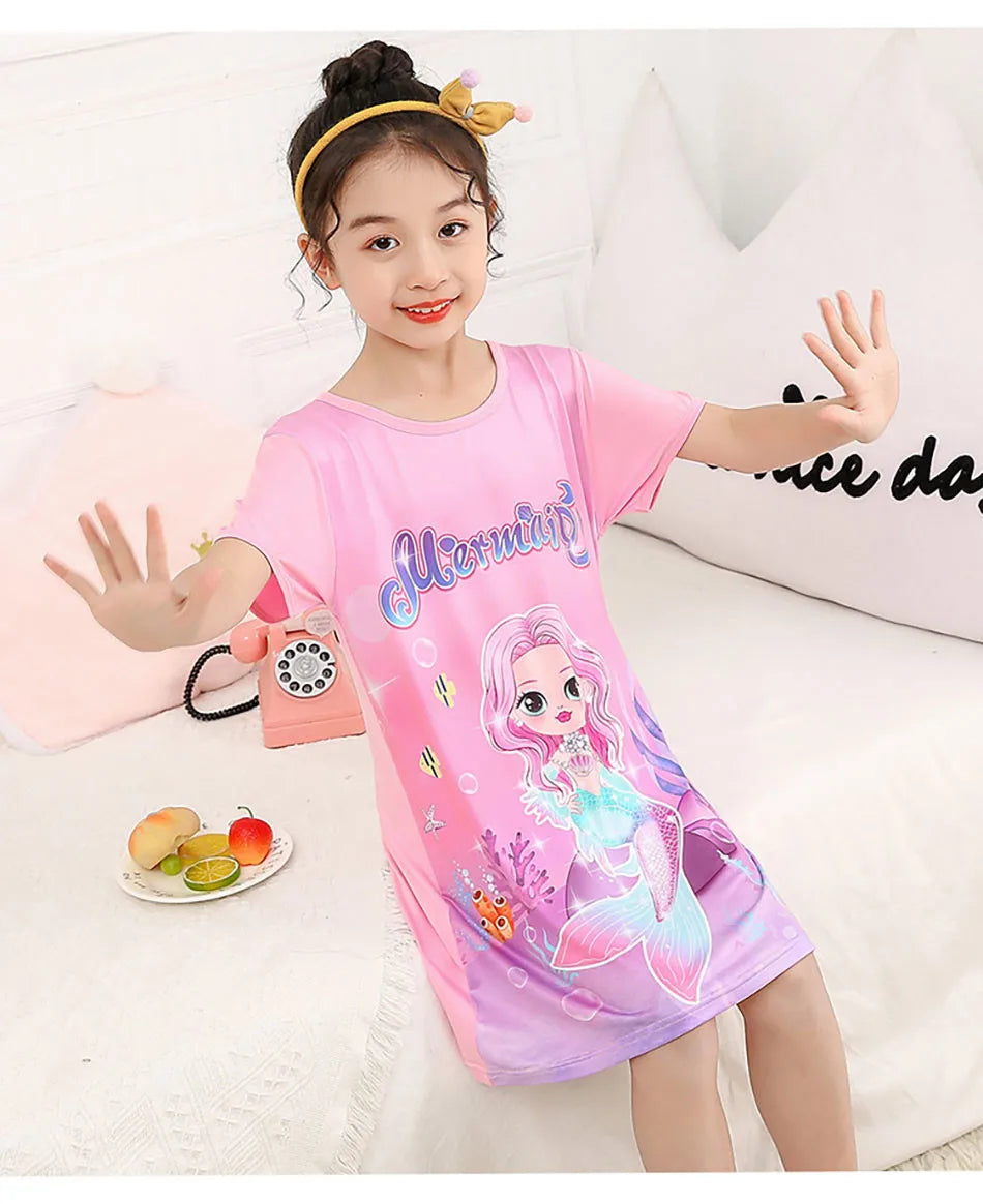 Girl Mermaid Dress Children Short Sleeve Summer Princess Dress Breathable Cartoon Print Girls Soft Silk Nightgown Kids Sleepwear