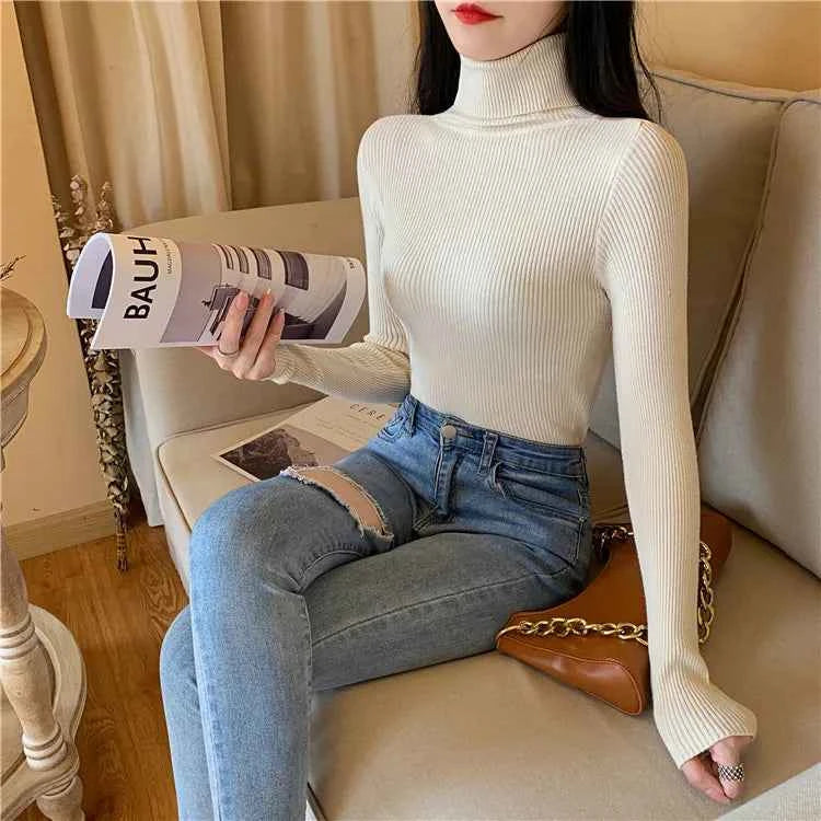 2026 Autumn Winter Women Long Sleeve Knitted Foldover Turtleneck Ribbed Pull Sweater Soft Warm Femme Jumper Pullover Clothes
