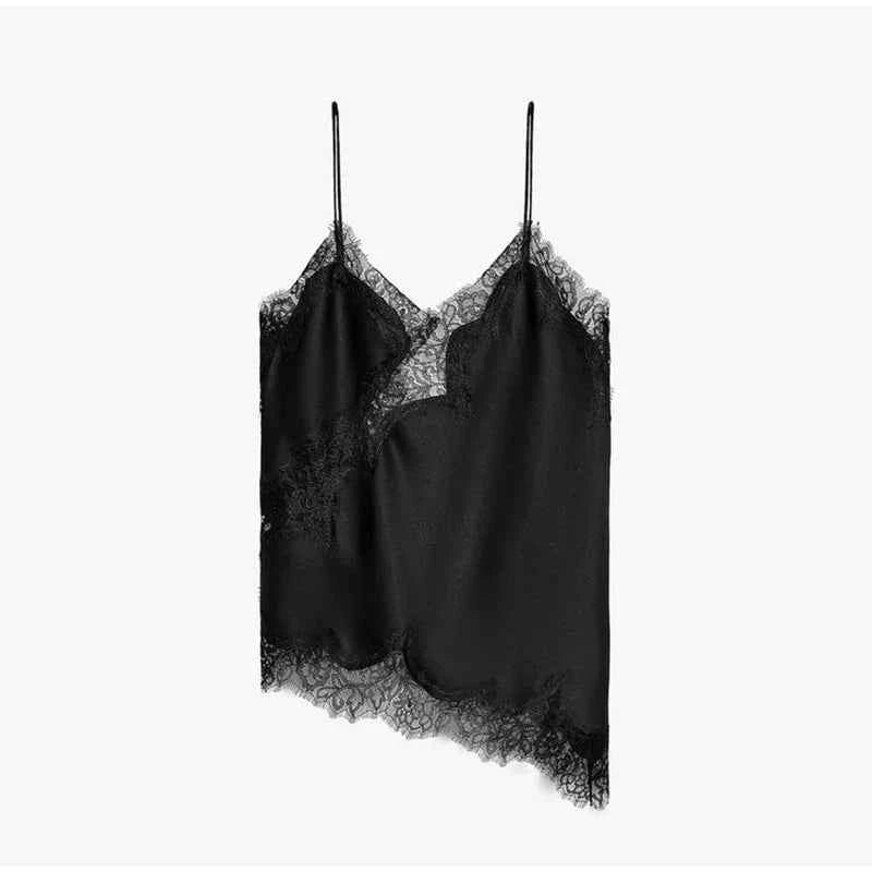 Summer Women Halter Top Satin Lace Spliced Tank Backless Deep Neck Sexy Vest Irregular Hem Vestidos 2025 Lady Vacation Sexy Tops