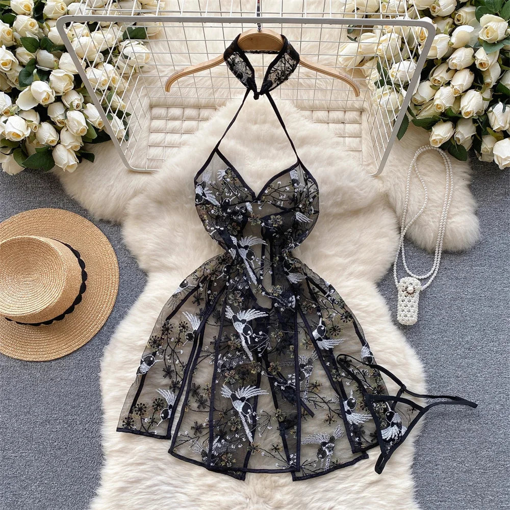 Summer Girls Sexy Hot Sweet Transparent Suspender Mini Dress Women Elastic Waist And Backless Strap Lolita Pajamas Bubble Skirt