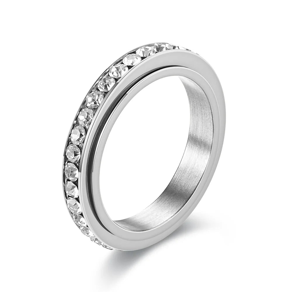 4MM Spinner Finger Rings For Women Crystal Rotatable Wedding Stainless Steel Ring Men Korean Anniversary Party Jewelry