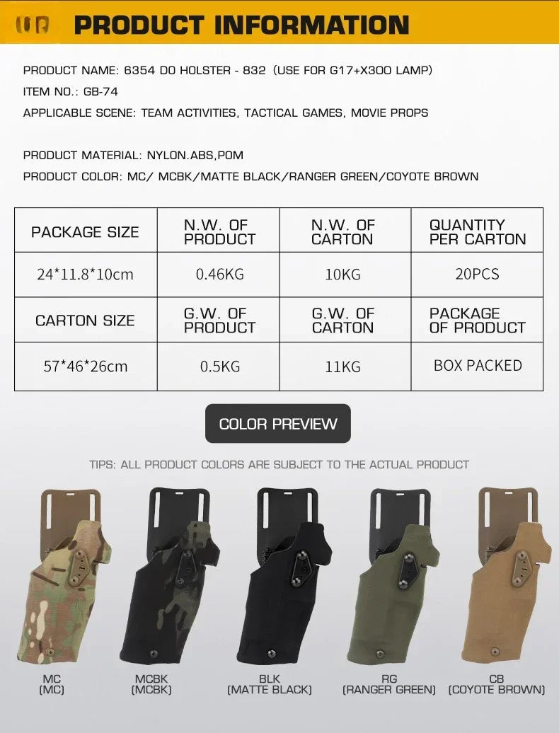Tactical Gun Holster Glock17 Gen4 with X300 X300U Flashlight Quick Release Drop Leg Holsters Right Left Hand Pistol Gun Carry