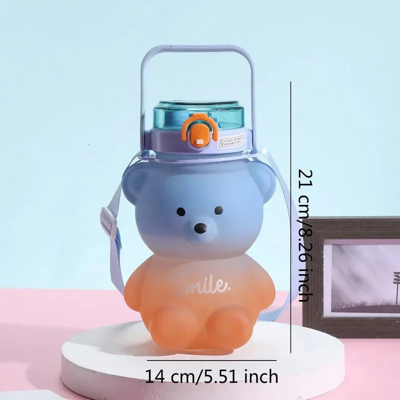 Bear Water Bottle 800ml Cute Kawaii Teddy Bear Water Bottle with Straw & Strap Leak-Proof Drinking Cup Gift for Kids & Girls