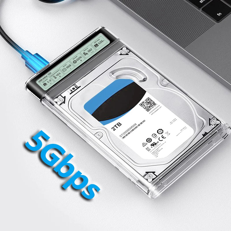 USB3.2 HDD Enclosure 2.5 inch HDD SSD External Hard Drive Case with Display Screen Clear Portable Storage Case for Laptop PC