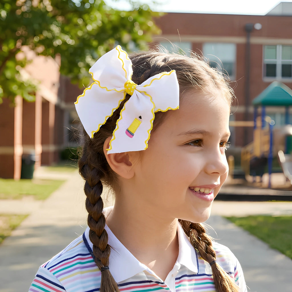 Back to School Kids Hair Bows Grosgrain Ribbon Embroidered Pencil Moonstitch Edge Hair Clips for Girls Children Hair Accesso