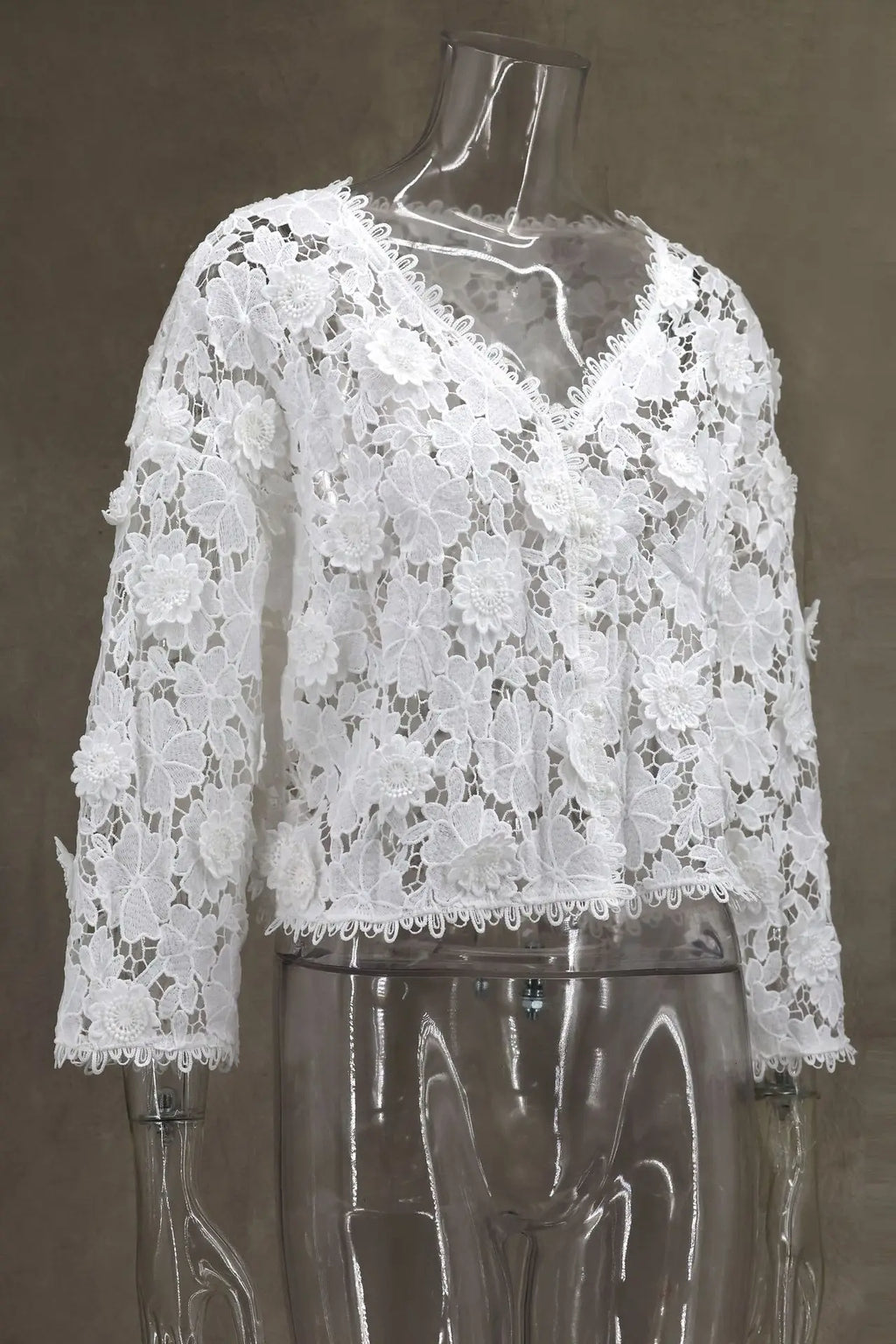 Summer Hollow Out Lace Loose Blouse Women V Neck Lace Flowers Single Breasted Long Sleeve Crop Tops Streetwear Fashion Shirts