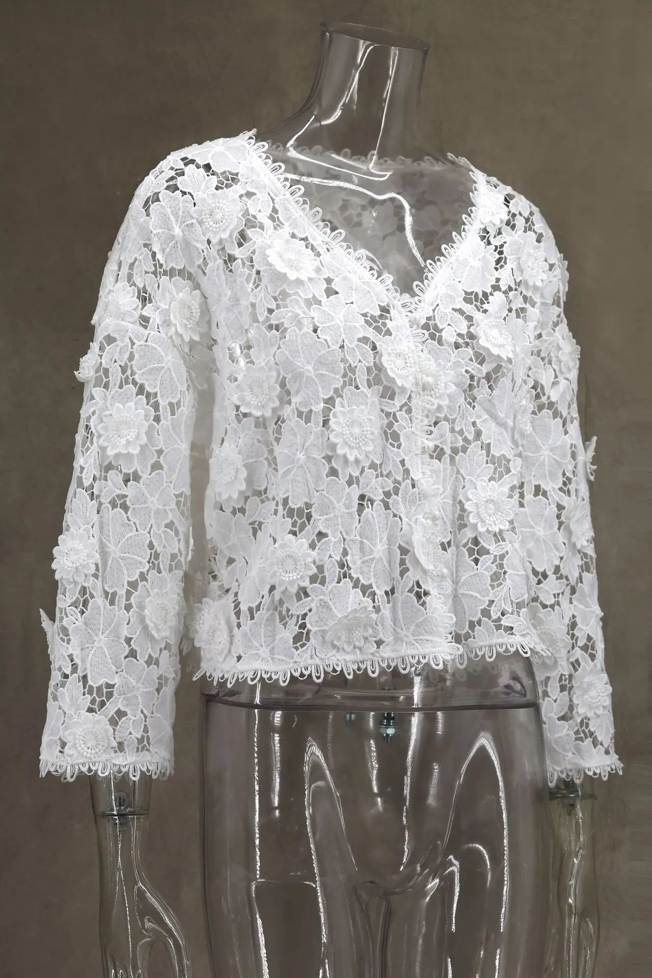 Summer Hollow Out Lace Loose Blouse Women V Neck Lace Flowers Single Breasted Long Sleeve Crop Tops Streetwear Fashion Shirts