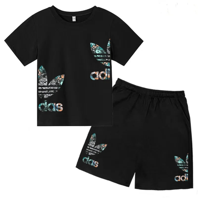 Kids T-shirt Set Colorful Letter Print Boys Girls 3-12Yrs Gift Short-sleeved+shorts 2P Round Neck Sports Casual Charming Clothes