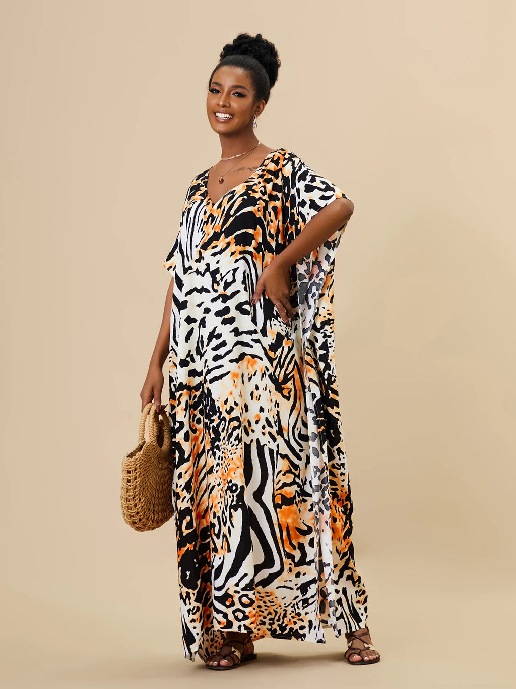 EDOLYNSA 2023 Bohemian Printed Loose Kaftan Casual Summer Vacation Maxi Dress Women Clothing Beach Wear Swim Suit Cover Up Q1469
