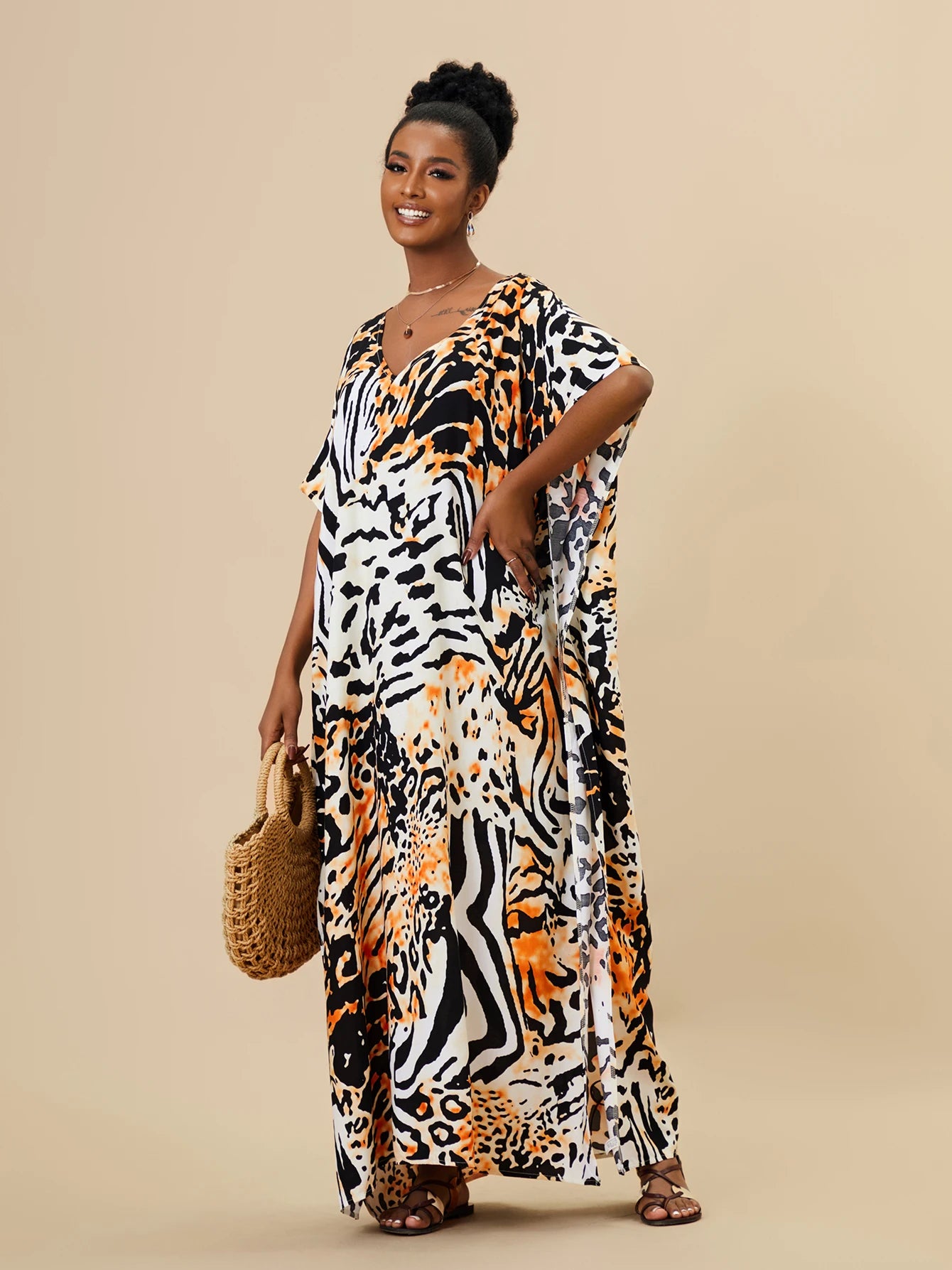 EDOLYNSA 2023 Bohemian Printed Loose Kaftan Casual Summer Vacation Maxi Dress Women Clothing Beach Wear Swim Suit Cover Up Q1469