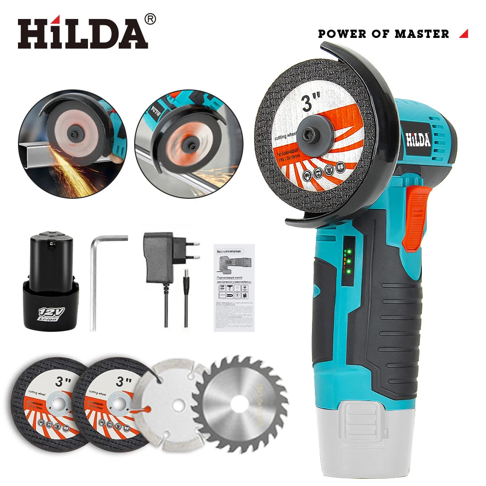HILDA 3 inch 12V Miniature Rechargeable Angle Grinder with Battery Cutting Blade Polishing Grinder for Cutting Diamond Cordless