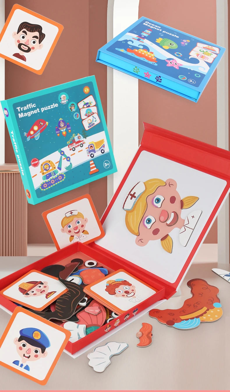 Magnetic Puzzles, Car Airplane Road Travel Activities Games For Children, Change Clothing, Change Face,Traffic Ocean Puzzles