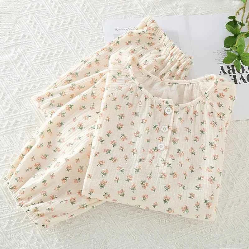 2023Women's Pajamas Pure Cotton Women's Long sleeved Pants Round Neck Loose Homewear Small Fower Print Baby Cotton Sleepwear Set