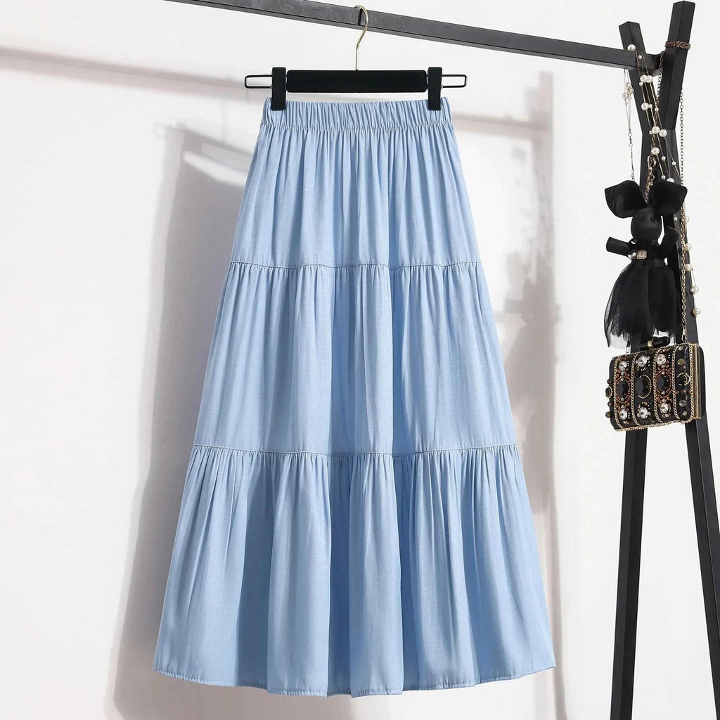 Spring Summer Women Skirts Vintage High Waist Elastic Patchwork White Black Chic Long Cake A-line Skirt