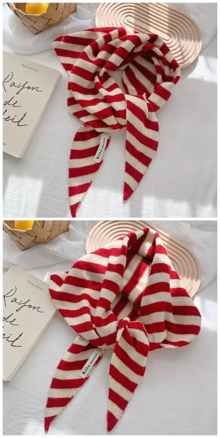 Korean Stripe Triangle Scarf 100% Wool Triangular Scarf Men Women British Niche Headscarf Knitted  Multi-functional Warm Scarf